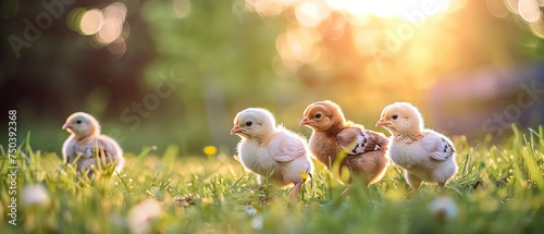 several baby chicks of different colors stand in a row , with a blurred background of an spring farm, easter background