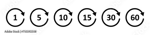 Rewind 5, 10, 15, 30, 60 second icon. Circle arrow icon. Replay or next symbol. Fast forward button. Round repeat sign. Rotating angle. Vector illustration isolated on white background.