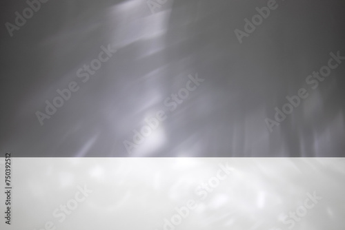 Abstract minimal empty gray, white 3d room background. Modern Studio showcase with copy space. Mock up scene with natural window shadows, dappled light overlay effect. Front view, copy space.