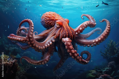 An octopus exploring a sunken pirate ship. Treasure Hunt  Octopus  Treasure  and Deep-Sea Diver Ai generated