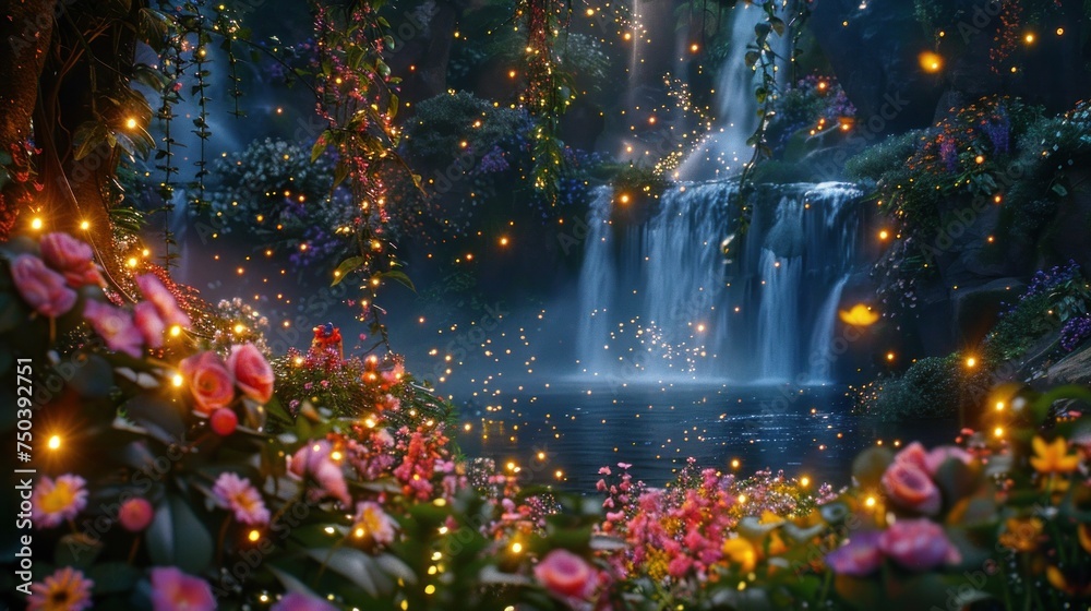 Fairytale garden with cascading waterfall at dusk. Glowing fireflies add enchantment to the scene.