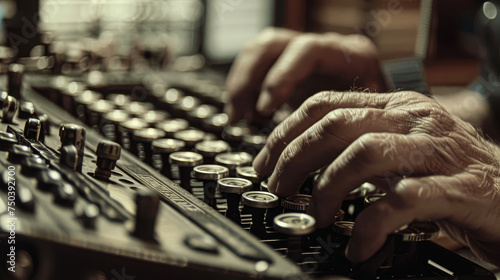 An old man is typing on a typewriter. Concept of nostalgia and a longing for the past. The typewriter, with its mechanical keys and the sound of the keys being pressed