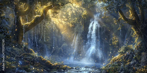 Serene forest waterfall, evoking timeless enchantment and fairy tale magic. photo