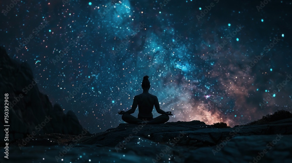 Figure meditating under shimmering stars on a celestial platform, transcending earthly confines to embrace interstellar tranquility.