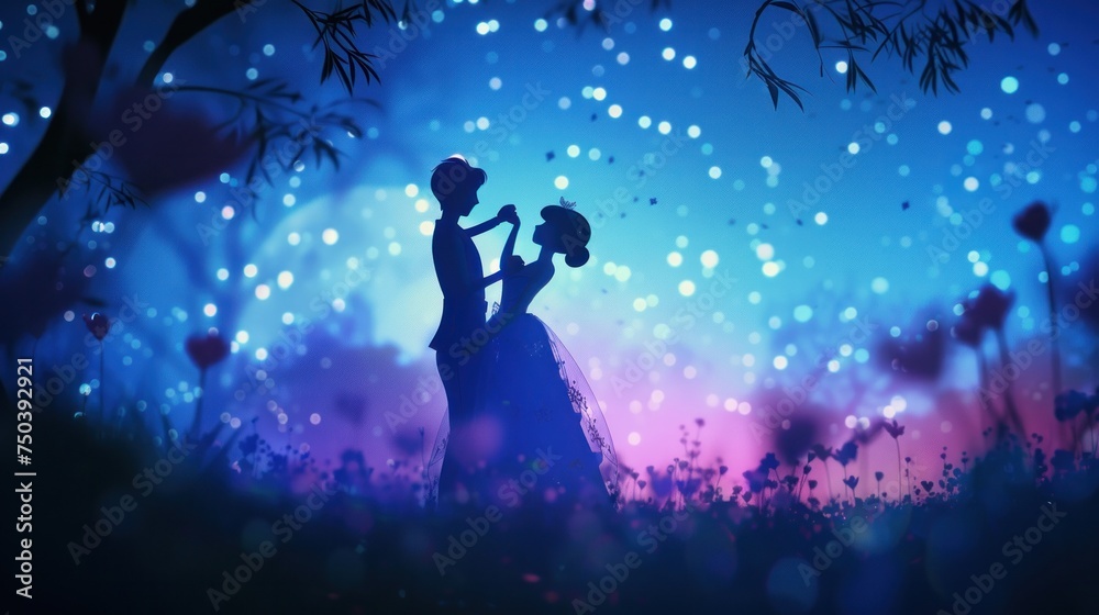 Animated characters embrace in a romantic dance under stardust.