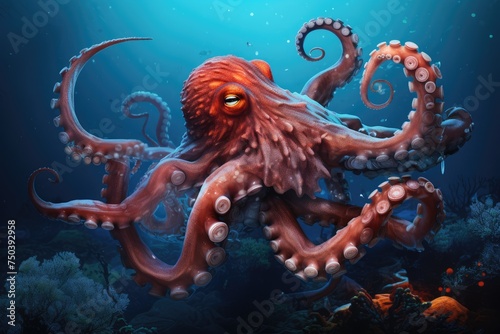 An octopus exploring a sunken pirate ship. Treasure Hunt, Octopus, Treasure, and Deep-Sea Diver Ai generated