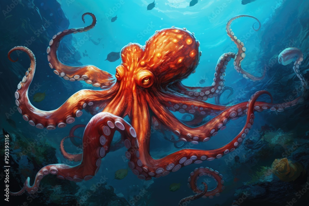 An octopus exploring a sunken pirate ship. Treasure Hunt, Octopus, Treasure, and Deep-Sea Diver Ai generated An octopus exploring a sunken pirate ship. Treasure Hunt, Octopus, Treasure, and Deep-Sea Diver Ai generated