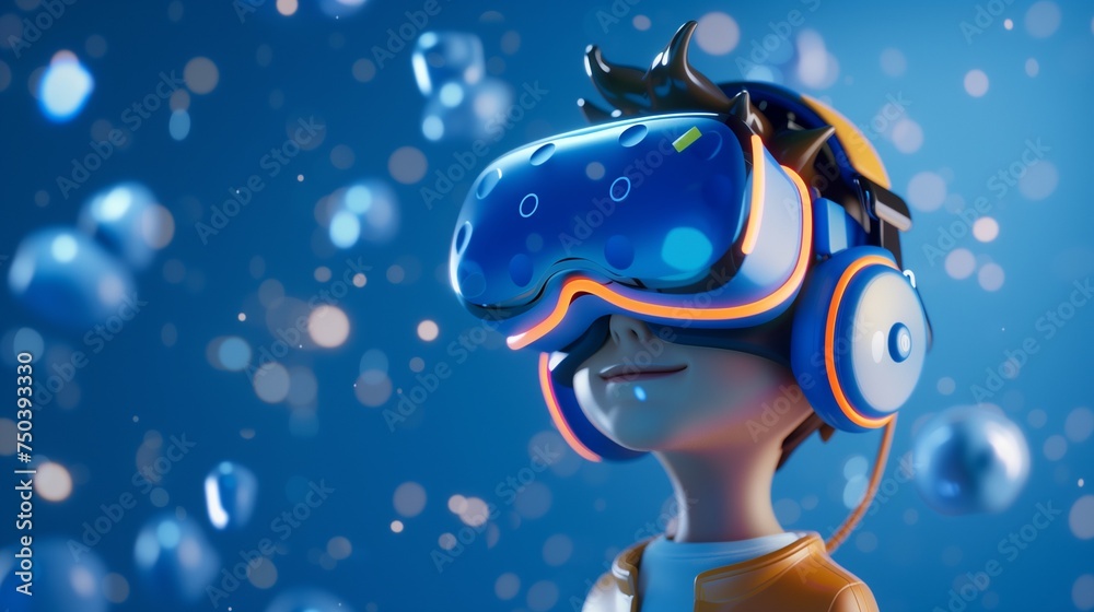 Virtual reality experience. A stylized character with a VR headset and headphones, surrounded by blue orbs and a digital atmosphere, representing immersive technology and gaming.