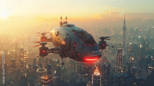 A futuristic manned drone flying in the sky over a modern city for future air transportation and robotaxi concept as a wide banner with copy space