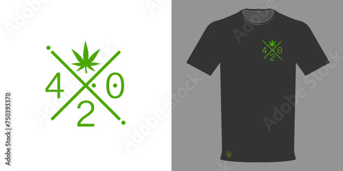 Vector illustration fashionable authentic popular t-shirt with hemp icon, ganjubas leaf 420 symbol