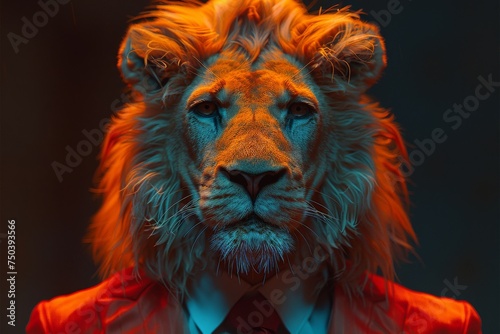 Contemporary art college  man in the form of a lion. Portrait lion 3d in a business suit  on a canvas background  Money dollars on background. Generative AI.