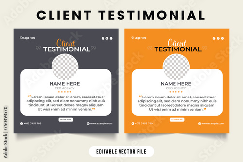 Business review testimonial design with dark gray and yellow colors. Customer service feedback and work review testimonials with photo placeholders.