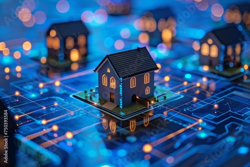 Model of a smart home connected to a digital network with glowing circuit lines and data points, showcasing IoT.