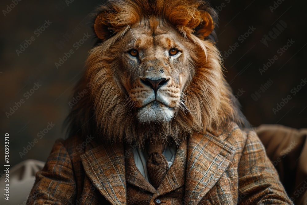 Contemporary art college, man in the form of a lion. Portrait lion 3d in a business suit, on a canvas background, Money dollars on background. Generative AI.