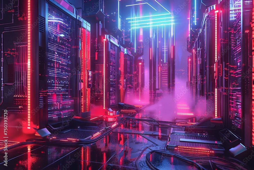 Futuristic data center with red neon lighting showcasing advanced server technology and cyber infrastructure.