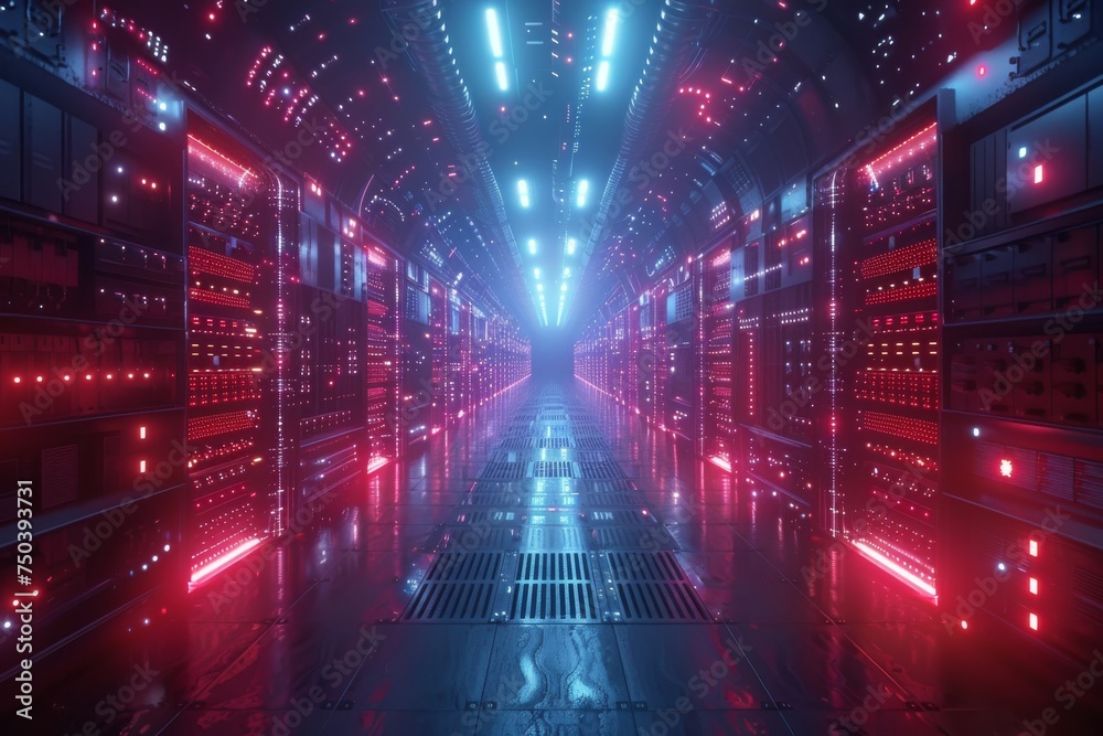 A modern data center with high-speed server racks illuminated by red lights, symbolizing power and high performance. - obrazy, fototapety, plakaty 