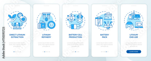 Battery cell production blue onboarding mobile app screen. Walkthrough 5 steps editable graphic instructions with linear concepts. UI, UX, GUI template. Myriad Pro-Bold, Regular fonts used