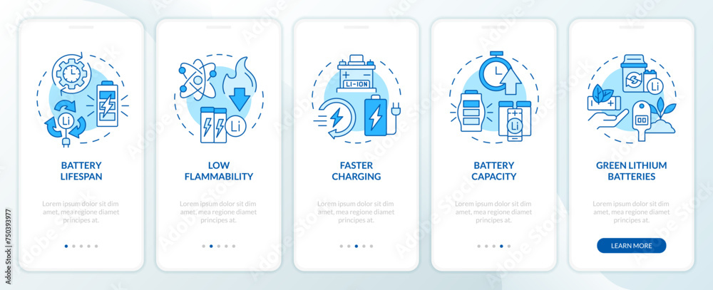 Lithium batteries characteristics blue onboarding mobile app screen. Walkthrough 5 steps editable graphic instructions with linear concepts. UI, UX, GUI template. Myriad Pro-Bold, Regular fonts used