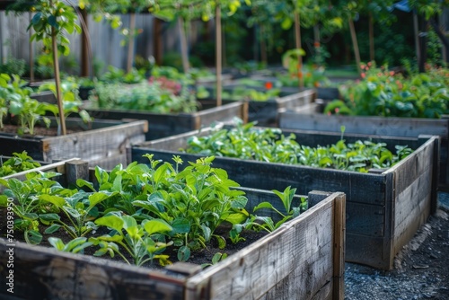 Raised garden beds filled with thriving vegetables in backyard
