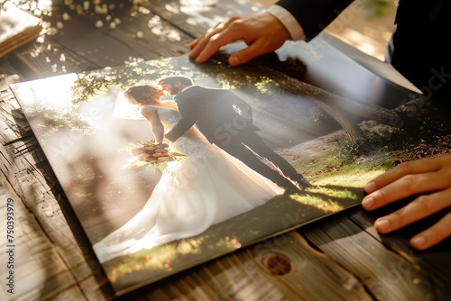 Wedding photo album on wooden table close-up photo