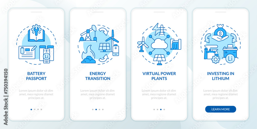 Energy transition revolution blue onboarding mobile app screen. Walkthrough 4 steps editable graphic instructions with linear concepts. UI, UX, GUI template. Myriad Pro-Bold, Regular fonts used