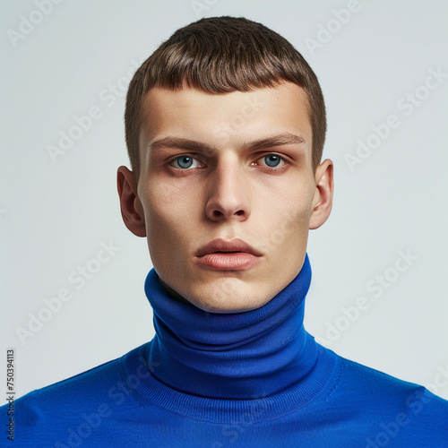 photo of an fullbody elegant russian muscle men in a blue turtleneck, white photostudio, white background