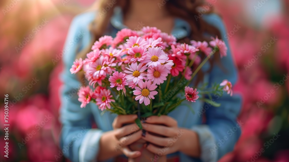Girl holding a bouquet of pink daisies in her hands Girl holding a bouquet of pink daisies in her hands