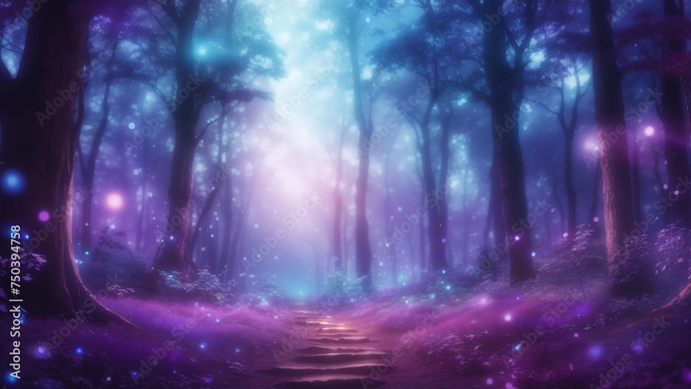 Fantasy forest, blue and purple, magical and surreal landscape