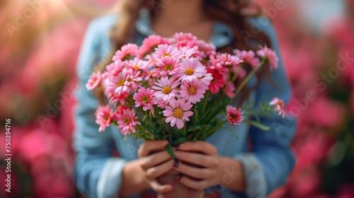 Girl holding a bouquet of pink daisies in her hands