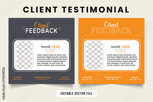 Business review testimonial design with dark gray and yellow colors. Client testimonial and feedback layout design. Customer satisfaction and work rating template. Client work rating template.