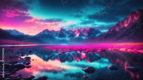 Glowing mountain range a serene neon lake
