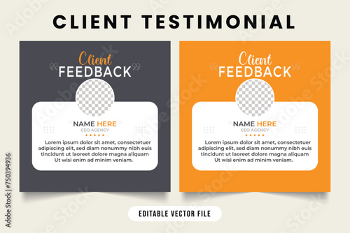 Client testimonial and work review template vector. Customer work experience and feedback layout design with yellow and black. Customer feedback testimonial layout with photo placeholders.