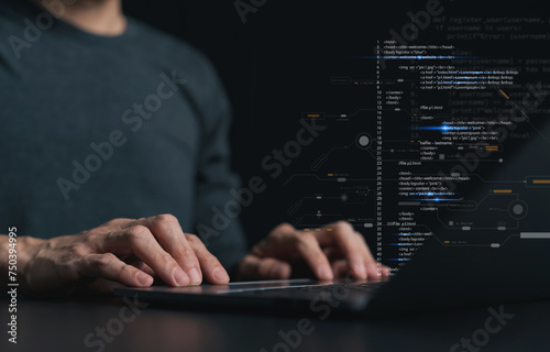 Software developer or programmer coding program with laptop. Data engineering Intelligence innovation. Computer programming, development software engineer or architecture, digital data tech management photo