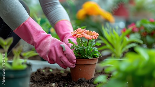 Close up woman hands in pink gloves planting a flower in pot while working in greenhouse. copy space for text.