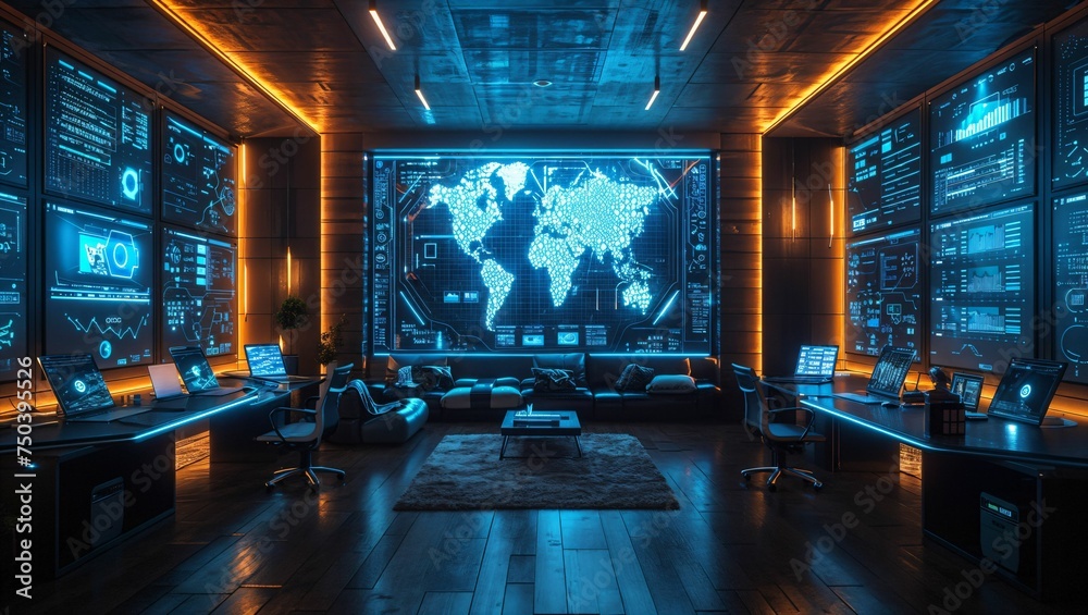 Futuristic office with holographic displays, showcasing cutting-edge business technology