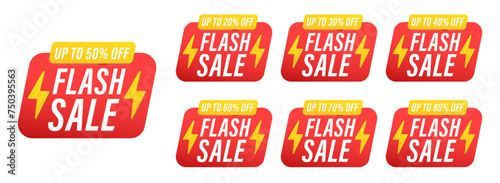 Flash Sale, deal of the day labels label different value set. 50, 20, 30, 40, 60, 70, 80 percent price cut out badge with lightning bolt decoration. Vector illustration