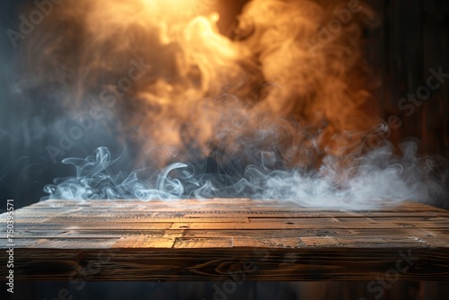 empty wooden table with smoke float up on bright background