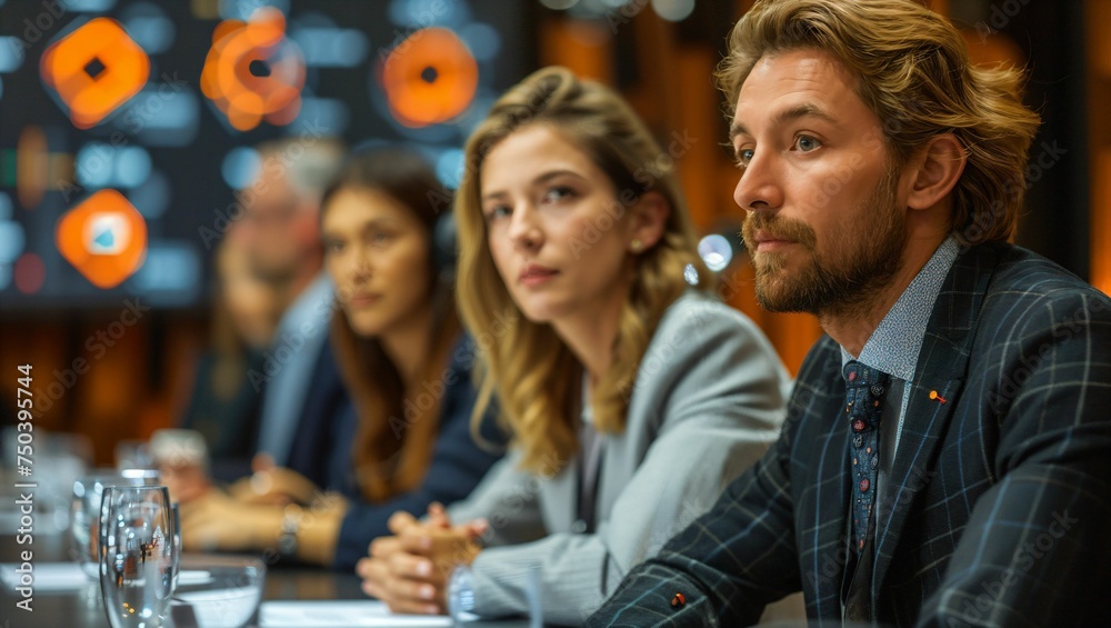 Business leaders in a roundtable discussion, surrounded by digital progress indicators