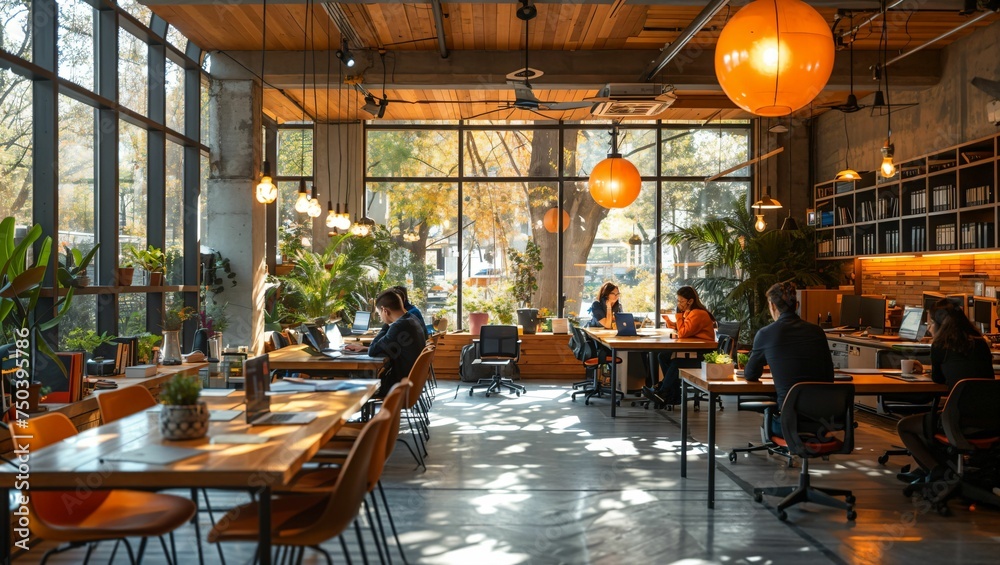 Fototapeta premium Startup culture depicted in a bustling co-working space, filled with tech enthusiasts