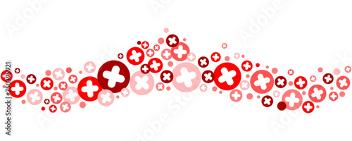 Fototapeta Naklejka Na Ścianę i Meble -  Medical cross and plus wavy background. Abstract seamless red border for hospital healthcare and pharmacy. Geometrical shapes ornament. Vector wallpaper