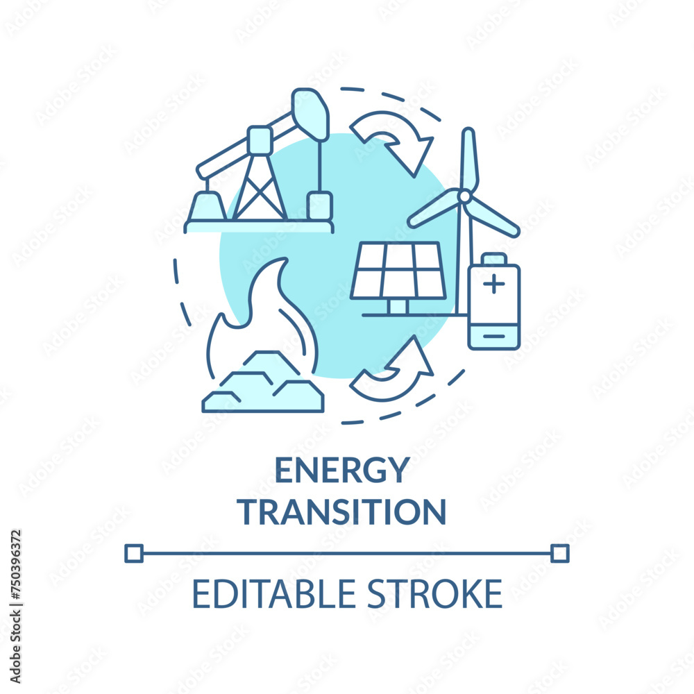 Energy transition soft blue concept icon. Green technologies, decarbonization. Ecofriendly batteries. Round shape line illustration. Abstract idea. Graphic design. Easy to use in brochure, booklet