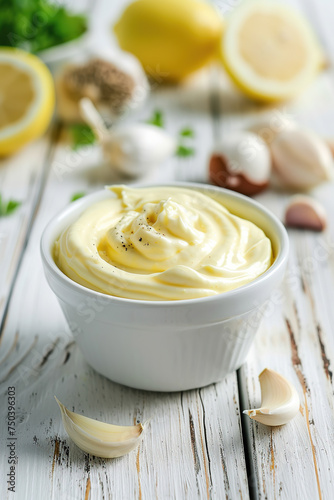 homemade mayonnaise in white ceramic bowl on white wooden background with ingredients