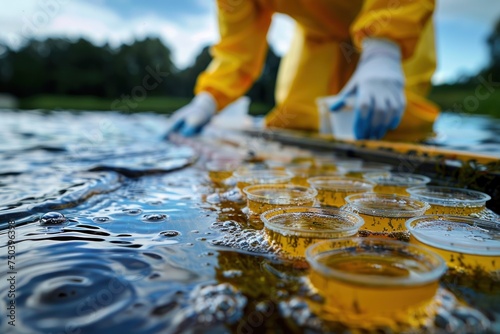 a scientist analyzing water samples from a polluted lake with testing equipment in focus to highlight the importance of water quality research © Nisit