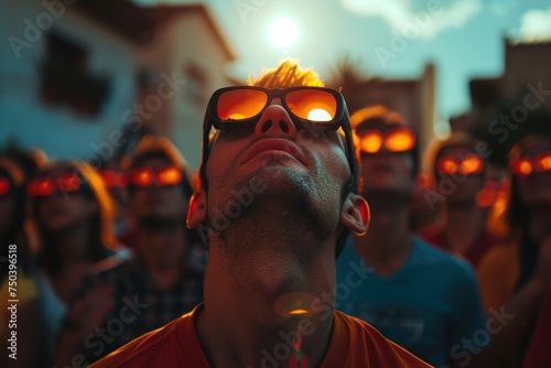  the excitement of a crowd watching a solar eclipse with special glasses symbolizing communal experiences in appreciating cosmic events photo