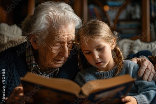 a tender moment between grandparents and grandchildren reading a book together emphasizing the transfer of wisdom and love across generations