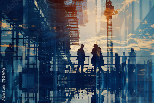 workers on construction site, engineering construction infrastructure silhouette of business people standing teamwork together multi exposure with industrial building construction in blue