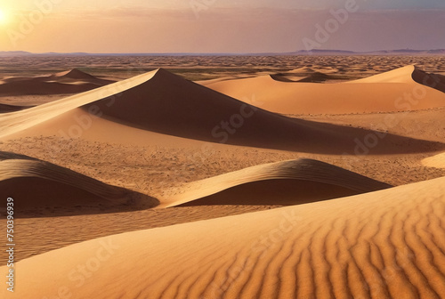 Panoramic view of scenery Sahara desert  sandy rocks and stones  sunny day. Photo of landscape desert hills with sand  blue sky with clouds. Sahara  Africa. Copy ad text space