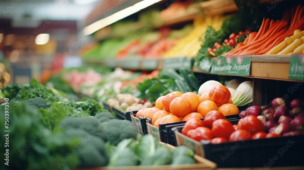 Supermarket aisle, fresh vegetables, colorful shelves, diverse assortments, sale, shopping concept