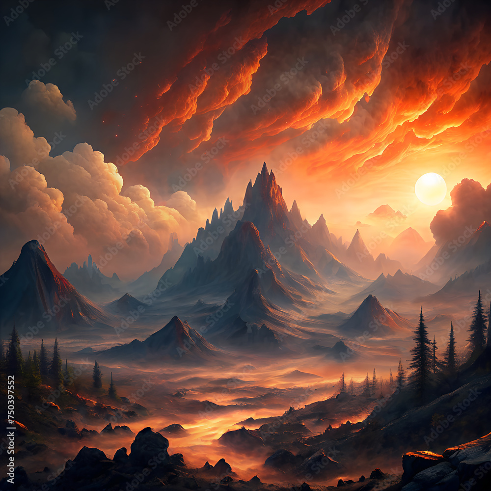 A mountain landscape with a sunset in the background. Generative Ai