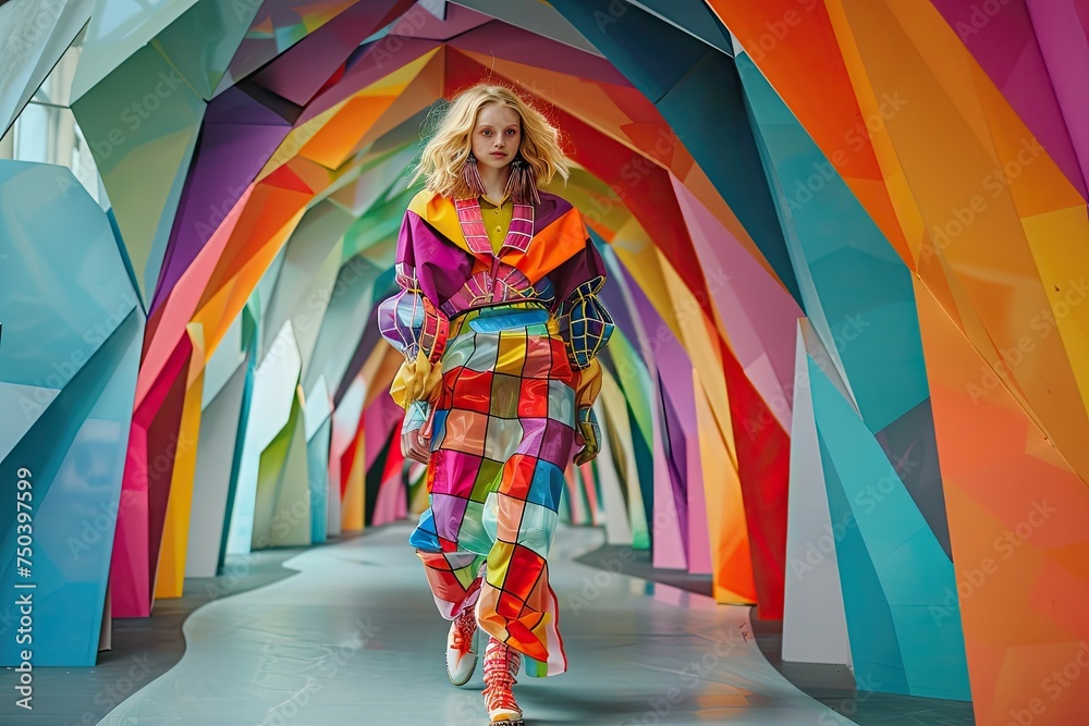 Fototapeta premium Fashion Show, New Collection Demonstration, Unusual Clothes, Bright Outfit, Uncomfortable